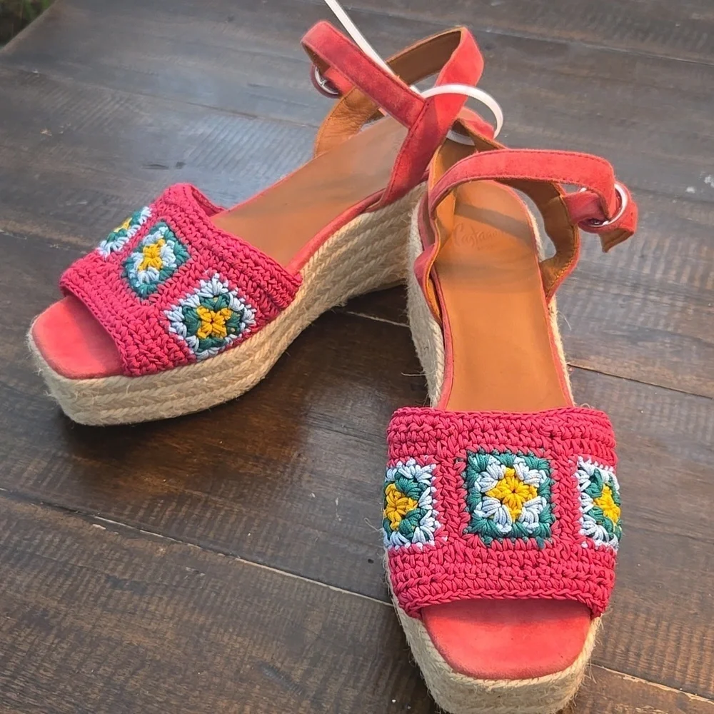 Castaner Queta Crochet Wedge Espadrilles Pink Multi NWT